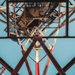 low angle view of red metal tower